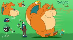 1boy 1girls absurd_res anthro bag bbw belly big_belly big_breasts breasts canid canine charizard charizette chubby chubby_female domestic_dog dragon fat female green_background hat hi_res huge_breasts larger_female male nintendo orange_body overweight overweight_female pokémon_(species) pokemon pokemon_(species) reference_sheet robthehoopedchipmunk simple_background size_difference smile thick_thighs video_games wings