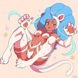 :3 blue_hair brown_skin cat_humanoid cat_tail catgirl covering darkstalkers felicia_(darkstalkers) small_breasts tiaramisstsu