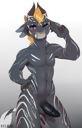 2021 5_fingers anthro balls charr digital_media_(artwork) eyebrows eyelashes felid fingers fluffyroko genitals guild_wars hair hi_res horn male male_only mammal navel nude penis red_eyes smile solo standing video_games