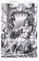 1girls a_princess_of_mars barsoom black_hair dejah_thoris greyscale headdress jay_anacleto john_carter_of_mars looking_at_viewer medium_breasts royalty sitting_on_throne sword throne topless