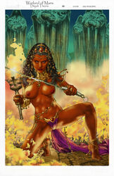 1girls a_princess_of_mars barsoom belly_chain black_hair dejah_thoris fire headdress jay_anacleto john_carter_of_mars large_breasts loincloth looking_at_viewer lots_of_jewelry revealing_clothes royalty sword tanned_skin topless torch