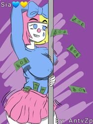 antvzp large_breasts lsd money nipples_visible_through_clothing pink_hair rubbing_breasts sex_toy sia sia_furler split-color_hair stripper_pole tagme two_tone_hair yellow_hair