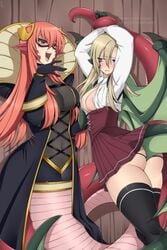 2girls ass black_panties blonde_hair blush clothed cosplay draco_(monster_musume) dragon_girl dragon_wings dragonewt female female_focus female_only hair_ornament hands_tied humanoid lamia laugh lindaroze long_hair mask miia_(monster_musume) monster_girl monster_musume_no_iru_nichijou red_hair snake tagme tail yellow_eyes yuri