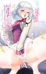 clothed_masturbation clothing female_ejaculation fingering fingering_through_clothes fingering_through_panties garter_belt garter_straps gizensha masturbation no_pants panties pussy_juice pussy_juice_drip red_eyes sagume_kishin short_hair single_wing spread_legs squatting tagme thighhighs touhou trembling wet_panties white_hair white_panties wings