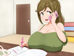 1girls carrot_caramel_batake clothed_female green_eyes huge_breasts inuyama_aoi solo tagme talking_on_phone yurucamp