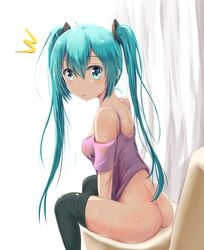 1girls 2d ahoge ashfair ass bangs bare_shoulders black_thighhighs blue_eyes blue_hair blush bottomless caught color detached_sleeves embarrassed eyebrows_visible_through_hair eyes_visible_through_hair female female_only hair hatsune_miku light-skinned_female long_hair looking_at_viewer open_mouth pov purple_shirt purple_sleeves shirt shocked simple_background sitting sleeveless sleeveless_shirt sleeves solo sweat sweating thighhighs thighs toilet twintails vocaloid voyeur white_background