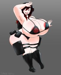 armpit_hair bikini_top gigantic_breasts hairy_armpits happy huge_ass huge_breasts iron-0xide milf open_smile ruby_rose rwby sanka-tetsu silver_eyes smile thick_thighs wide_hips wink