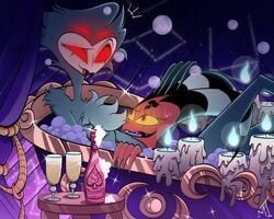 2boys alcohol avian bath bathroom bathtub bird blitzo_(helluva_boss) candles champagne chest_tuft demon detailed_background hand_on_head helluva_boss horns imp looking_at_partner looking_down looking_up male male_only mrt0ony naked nude owl owl_demon size_difference stolas_(helluva_boss) vivienne_medrano worried yaoi