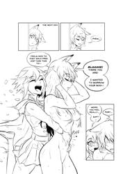 2girls animal_ears blake_belladonna blush cat_ears cat_girl closed_eyes clothed_female comic dialogue dialogue_bubble embarrassed embarrassed_nude_female embrace embracing eyes_covered female female_focus female_only hair_covering_breasts hair_covering_eye hair_covering_eyes hug long_hair naked naked_female nude_female nudist post_shower ruby_rose rwby short_hair shower skirt smile sytokun tagme wet wet_hair white_background