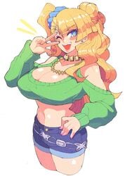 1girls 5_fingers asymmetrical_hair bangs belly belly_button belt big_breasts blue_eyes blue_scrunchie blue_shorts breasts cleavage clothed clothes clothing clothing_cutout cropped_legs cropped_sweater denim denim_shorts earrings eyebrows_visible_through_hair eyelashes eyeshadow female female_only fingernails fully_clothed galko green_sweater gyaru hair hair_ornament hair_scrunchie highres hips huge_breasts human human_only humanoid inkerton-kun inkuusan jewelry kogal large_breasts long_hair long_sleeves looking_at_viewer loose_belt makeup mammal midriff nail_polish navel necklace oerba_yun_fang one_eye_closed one_side_up open_mouth oshiete!_galko-chan pink_eyeshadow pink_lips pink_nails pose posing scrunchie seductive seductive_eyes seductive_look seductive_smile shorts shoulder_cutout side_bun simple_background smile smiling smiling_at_viewer solo solo_female stud_earrings sweater thick thick_thighs thighs upper_teeth v v_over_eye voluptuous w white_background wide_hips wink