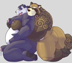 2021 absurd_res anthro belly bodily_fluids brown_body brown_fur canid canine duo fur genital_fluids genitals giant_panda gyobu hi_res lucusold male male/male mammal mav_(deadly_kiten) moob_grab moobs nipples overweight overweight_male penis precum raccoon_dog simple_background tanuki tokyo_afterschool_summoners ursid video_games white_body white_fur