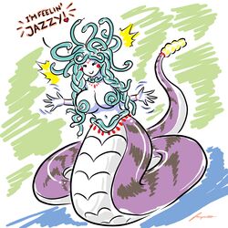 1girls braided_hair breasts cleavage cleavage_cutout english_text female female_focus female_only green_hair heart jacques00 jazz_hands lamia large_breasts long_hair medusa naga nude simple_background snake snake_hair text thick_thighs thighs white_background