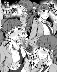 1boy 1girls bangs blush closed_eyes cum cum_in_mouth cum_inside eyebrows eyebrows_visible_through_hair fellatio female greyscale hair_bun hood hoodie idolmaster idolmaster_cinderella_girls idolmaster_cinderella_girls_starlight_stage kamiya_nao licking licking_penis long_hair male moketa monochrome necktie open_mouth oral penis school_uniform shirt skirt sweat tearing_up tears white_shirt