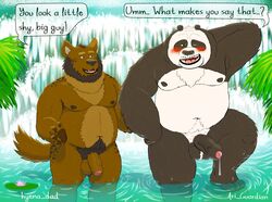 2021 2boys anthro ari_guardian balls belly black_body black_fur blush bodily_fluids brown_body brown_fur dreamworks duo erection foreskin fur genital_fluids genitals giant_panda glans hi_res humanoid_genitalia humanoid_penis hyaenid kung_fu_panda li_shan_(kung_fu_panda) male mammal moobs navel nipples outside overweight overweight_male partially_retracted_foreskin penis precum uncut ursid water waterfall white_body white_fur