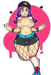 :< bibi_(brawl_stars) big_ass big_breasts brawl_stars heart heroine_bibi purple_hair simple_background squished_breasts