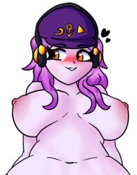 1girls areolae baseball_cap belly_button big_breasts blush blush_lines blushing_at_viewer breasts cap embarrassed eyelashes eyeliner female female_only fey_yoshida grin hat headphones headwear hearts large_breasts long_hair looking_away metaverse_champions naked nipples nude nude_female orange_eyes pink_skin plump purple_cap purple_hair purple_hat roblox roblox_rthro robloxian simple_background smug smug_face solo solo_female squish stomach video_games wavy_eyebrows wavy_hair white_background