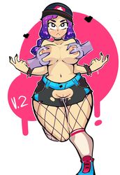 :< bibi_(brawl_stars) big_ass big_breasts brawl_stars heart heroine_bibi purple_hair simple_background squished_breasts