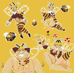 antennae ass bee bee_(minecraft) bee_girl big_ass blue_eyes breast_grab breasts clothing devilmilk duo fan_character flying heart heels honey minecraft multiple_images neck_tuft nude pussy sitting smile spread_legs stinger stockings text wide_hips wings yellow_hair yuri