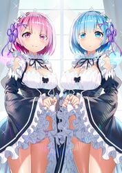 2girls akusema bangs blue_eyes blue_hair blue_panties blue_ribbon blush breasts cleavage commentary_request detached_sleeves dress dress_lift eyebrows_visible_through_hair female_focus frills hair_ornament hair_over_one_eye hair_ribbon large_breasts lifted_by_self looking_at_viewer maid maid_headdress matching_hair/eyes medium_breasts multiple_girls panties pink_eyes pink_hair pink_panties pink_ribbon ram_(re:zero) re:zero_kara_hajimeru_isekai_seikatsu rem_(re:zero) ribbon short_hair siblings sisters small_breasts smile striped striped_panties twins two-tone_panties underwear white_panties x_hair_ornament