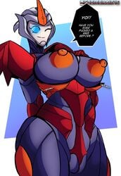 1girls alien alien_girl armor big_breasts black_body black_skin blue_eyes breasts busty coombrain15 curvy curvy_body curvy_female curvy_figure curvy_hips english_text erect_nipples female female_only flareup hasbro large_breasts machine mechanical nipples orange_nipples puffy_nipples pussy robot robot_girl smile solo solo_female text thick_legs thick_thighs transformers transformers_prime vagina wink