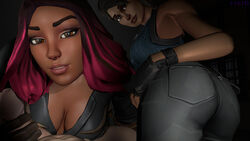 1boy 2girls 3d bedroom_eyes calamity_(fortnite) clothed clothed_female clothing dark-skinned_female dark_skin fortnite fully_clothed fully_clothed_female handjob interracial jjjjd looking_at_viewer multicolored_hair presenting_hindquarters ramirez_(fortnite) sfm tagme