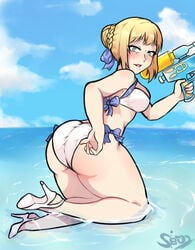 1girls artoria_pendragon artoria_pendragon_(swimsuit_archer) ass beach big_ass bikini cleavage dat_ass day fate/grand_order fate_(series) high_heels huge_ass looking_back ocean saber sieroo swimsuit tagme thick_thighs toy_gun water water_gun