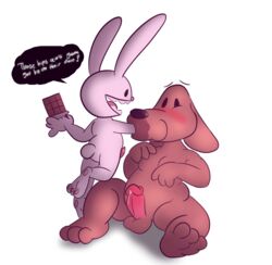 absurd_res anthro bodily_fluids candy canid canine canis chocolate chubby_male dessert domestic_dog duo food force_feeding forced fuzefurry genital_fluids genitals hi_res lagomorph larger_male leporid male male_focus male_only mammal max_(sam_and_max) penis precum rabbit sam_and_max samuel_dog size_difference tagme