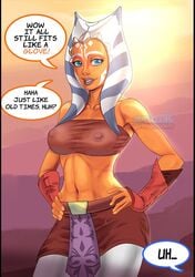 1girls 2021 ahsoka_tano alien alien_girl alien_humanoid areolae armwear athletic athletic_female background belly belt beltskirt big_breasts black_border blue_eyes border breasts breasts_visible_through_clothing cleavage clone_wars clothed clothing collarbone curvy day dialogue english_text evening eyelashes facial_markings female female_focus female_only fit fit_female front_view gauntlets hand_on_hip hands_on_hips happy hardmodenrg hi_res horn humanoid lips loincloth looking_at_another looking_at_viewer lucasfilm markings midriff miniskirt morning nipples nipples_visible_through_clothing offscreen_character orange_body orange_skin outside pantyhose parted_lips pose question red_clothing red_skirt red_tubetop revealing_clothes see-through see-through_clothing shirt short_skirt simple_background skimpy skimpy_clothes skin_tight skirt sleeveless slim_waist small_clothes smile solo solo_focus speech_bubble standing star_wars stomach sun sunset teeth tentacle tentacle_hair text togruta tubetop vambraces watermark white_pantyhose wide_hips