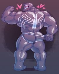 1boy 2021 alien ass back_muscles beefburner biceps big_butt big_muscles bite biting_own_tongue blush clothing clothing_pull flexing heart hi_res humanoid jockstrap jockstrap_pull looking_at_viewer looking_back looking_back_at_viewer male male_only marvel muscular muscular_humanoid muscular_male not_furry rear_view self_bite simple_background smile solo solo_male standing symbiote tongue tongue_bite tongue_out underwear underwear_pull venom venom_(marvel) white_eyes