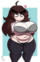 angry arms_under_breasts big_breasts black_bra black_thong bra_through_clothes breasts brown_hair chubby cleavage female femscrub_(somescrub) hair_down huge_breasts jeans kingretrokirby long_hair milf pants_open see-through somescrub tagme thick_thighs twitter watermark white_shirt