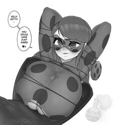 1boy 1girls adrien_agreste amadeen big_breasts breast_expansion cat_noir female huge_breasts huge_cock ladybug_(character) large_breasts male marinette_cheng marinette_dupain-cheng miraculous_ladybug monochrome paizuri short_hair speech_bubble titjob torn_bodysuit unseen_male_face