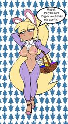 1girls aged_up bangs bigdad blonde_hair blunt_bangs breasts disney disney_channel earrings easter easter_egg english_text feet female female_only gloves gravity_falls large_breasts name_drop nipples pacifica_northwest pine_tree_(symbol) pussy reverse_bunnysuit smooth_skin solo speech_bubble tan-skinned_female tanline tanlines text