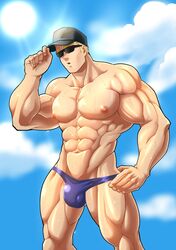 1boy beach bulge clark_still cloudy droplets ikari_warriors jessieam86 king_of_fighters looking_at_viewer male male_only muscular muscular_male simple_background snk solo_male sunglasses sunny sunshine sweating tagme