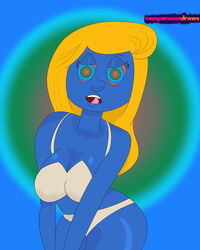 blonde_hair blue_skin bra breasts hanna-barbera hypnosis long_hair mind_control open_mouth smurfette solo solo_female temperancedraws the_smurfs tongue tongue_out underwear