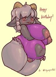 anthro big_breasts biped black_body blush bovid braided_hair breasts caprine chubby_female clothed clothing english_text female genitals hair horn leotard mammal navel nipples pussy red_eyes sheep simple_background skimpy slightly_chubby solo solterv standing text thick_thighs tongue tongue_out white_hair