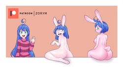 2021 5_fingers anthro ass big_butt blue_hair blush breasts buckteeth clothing embarrassed female fingers green_eyes growth hair hi_res human human_to_anthro itzu_(zorym) lagomorph leporid long_hair looking_at_viewer looking_back looking_back_at_viewer male mammal nipples nude patreon pattern_clothing pattern_shirt pattern_topwear rabbit sequence shirt short_hair simple_background smile solo species_transformation striped_clothing striped_shirt striped_topwear stripes surprise tail_growth teeth topwear transformation white_body zorym