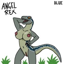 1girl 1girls 3_fingers amber_eyes angel_rex anthro artist_request blue_(jurassic_world) blue_scales breasts dinosaur dromaeosaurid female female_focus female_only grey_body grey_scales hand_on_hip hands_behind_head jurassic_park jurassic_world looking_at_viewer naked naked_female navel non-mammal_breasts non-mammal_nipples nude nude_female open_mouth pink_areola pink_nipples pink_pussy plant posing scalie sharp_claws sharp_teeth simple_background stripes tail velociraptor velociraptor_blue white_background yellow_eyes