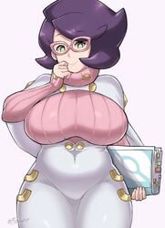 1girls artist_name artsheops big_breasts book clothed clothed_female clothing female female_only game_freak glasses green_eyes heart-shaped_pupils human looking_at_viewer nintendo pokemon pokemon_(game) pokemon_sm purple_hair short_hair simple_background smile solo thick_thighs wicke_(pokemon)