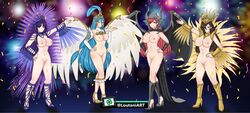 4girls abs alternate_costume altina_(fire_emblem) aqua_hair azura_(fire_emblem) azura_(vallite_songstress)_(fire_emblem) bare_arms bare_legs bare_midriff big_breasts blue_eyes blue_hair boots brown_hair carnival cherche_(fire_emblem) collarbone confetti female_only fire_emblem fire_emblem:_radiant_dawn fire_emblem_awakening fire_emblem_fates fireworks hair_between_eyes hair_over_one_eye high_heels kagero_(fire_emblem) large_breasts light_blue_hair long_hair looking_at_viewer loutaniart multiple_girls naked_footwear nintendo nipples nude nude_female pose purple_hair red_eyes red_hair revealing_clothes skimpy skimpy_clothes smile very_long_hair wings yellow_eyes