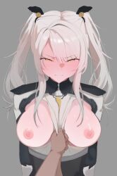 1boy 1girls anna_(artist) blush breasts_out embarrassed female karenina_(punishing:_gray_raven) large_breasts male punishing:_gray_raven robot_girl twintails yellow_eyes