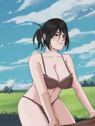 1girls attack_on_titan black_hair curvy female female_only grass large_breasts mikasa_ackerman navel pieckchann sky solo