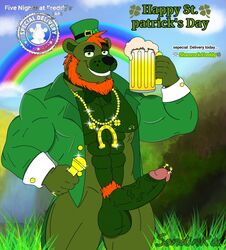 1boy 2020 animatronic anthro balls bear beer big_penis black_nose bow_tie bowtie clothed clothing english_text five_nights_at_freddy's gay gold golden_microphone grass green_body green_eyes green_fur holding_beer holding_microphone male_only muscles muscular muscular_male nipple_piercing nipples penis penis_piercing rainbow shamrock_freddy_(fnaf) smile smiling sondinker_fazbear's special_delivery text top_hat tree video_games yaoi