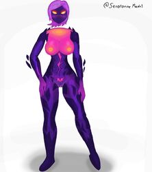 black_hole breasts cosmic_series dark_star_karma floating_head front_view karma_(league_of_legends) league_of_legends purple_skin pussy serotonine_madness solo solo_female white_background