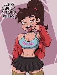 blush blush_lines bracelet brown_hair bulge choker crop_top darkeros13 dialogue disney disney_channel disney_xd earrings edit eyebrows eyelashes genderswap_(mtf) girly hoop_earrings latina long_hair looking_at_viewer marco_diaz navel navel_piercing ponytail princess_marcia princess_marco rule_63 shorts skirt solo solo_female solo_focus star_vs_the_forces_of_evil tan_body tan_skin text third-party_edit tongue_out tongue_piercing wide_hips