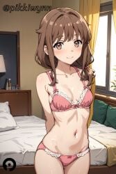 1girls ai_generated arms_behind_back azusagawa_kaede bangs bed bedroom blush bow bow_panties bra breasts brown_eyes brown_hair closed_mouth collarbone cowboy_shot curtains female female_only indoors long_hair looking_at_viewer navel on_bed panties pikkiwynn pillow pink_bra pink_panties seishun_buta_yarou_wa_bunny_girl_senpai_no_yume_wo_minai small_breasts smile solo stomach underwear underwear_only window