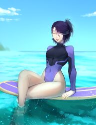 brawlhalla closed_eyes eirlys female female_only nix_(brawlhalla) purple_hair sea smiling surf_table swimsuit