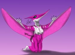 anthro anthro_only ass beak big_butt blue_eyes clitoris female genitals hi_res huge_butt humanoid kneeling lindwormduality markings navel pink_body pink_ranger pink_wings power_rangers pteranodon pteranodontid pterosaur pussy reptile scalie solo translucent translucent_wings white_markings wings