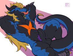 anthro balls black_body black_nose_horn black_scales blonde_mane blue_body dragon erection facial_horn genitals horn humanoid_genitalia male male_only mane multicolored_body muscular muscular_anthro muscular_male nose_horn penis purple_mane scales scalie scaly_tail solo tail thesecretcave