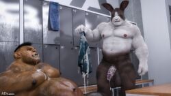 ad-games anthro anthro_male balls bodily_fluids bugrol_(ad-games) clothing cum dark-skinned_male dark_skin dirk_(ad-games) fangs gay genital_fluids genitals hi_res humanoid humanoid_pointy_ears indoors lagomorph leporid locker_room male/male mammal orc orc_male overweight overweight_male penis pointy_ears rabbit teeth underwear