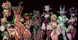 6+girls alphanea_tolman bel_(cyancapsule) big_breasts breasts crossover demon_girl female glasses herzha horns large_breasts lineup lithica_the_succubus long_tongue looking_at_viewer mix_comic mostly_nude multiple_girls nipples nude_female succubus tail tongue_around_breasts